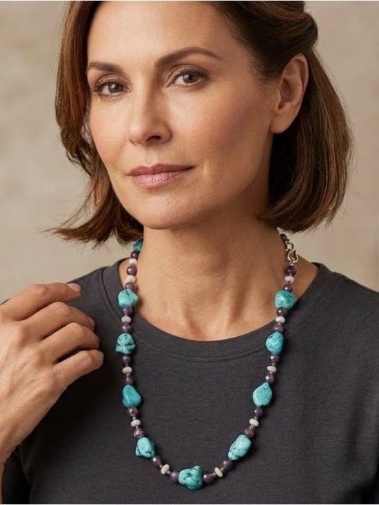 Handmade Jewelry - Large Chunky Genuine Turquoise Nugget, Amethyst, Moon Stone, 925 Necklace 24 in